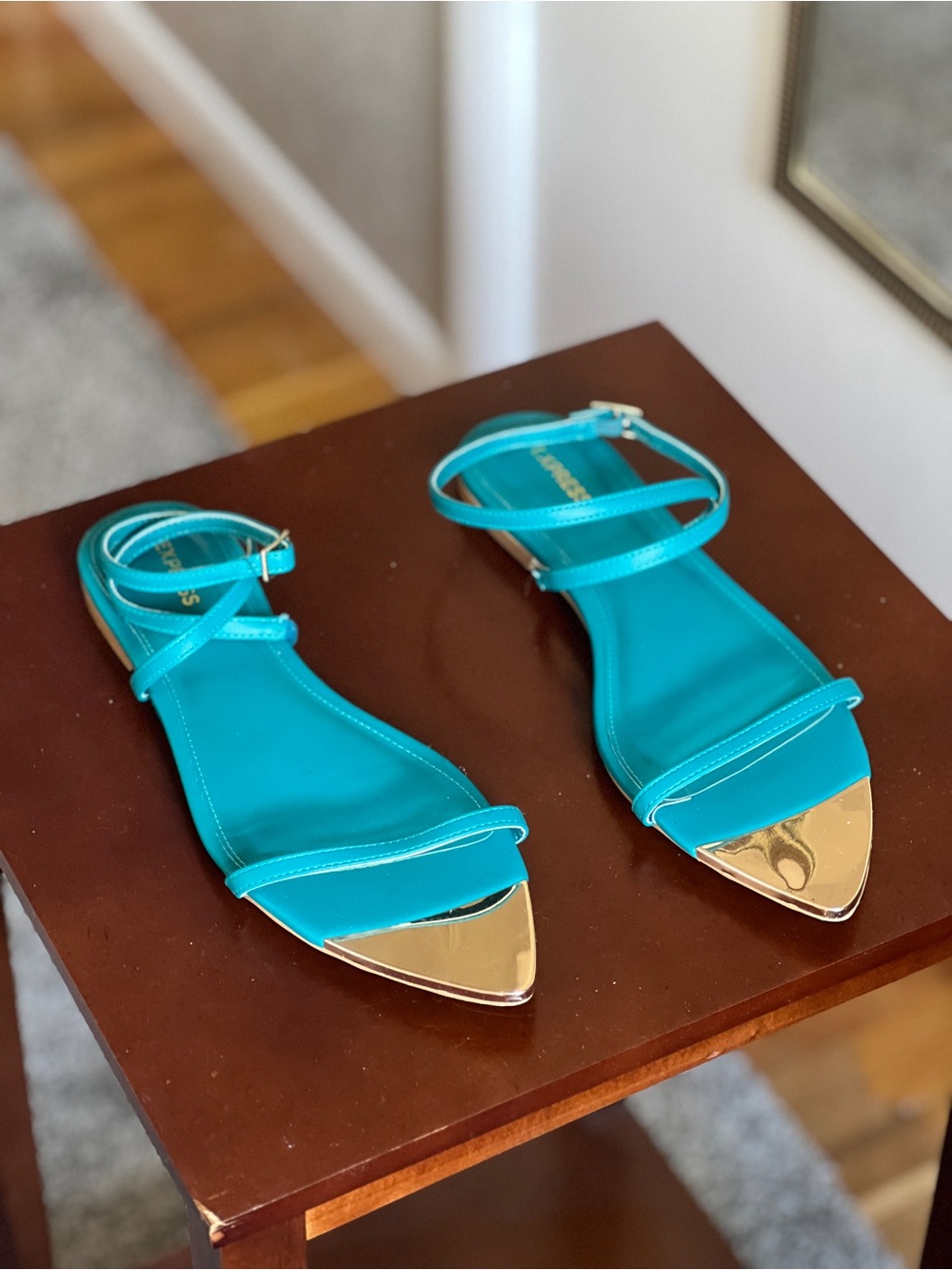 Express Turquoise Strappy Flat Sandals with Gold Pointed Toe